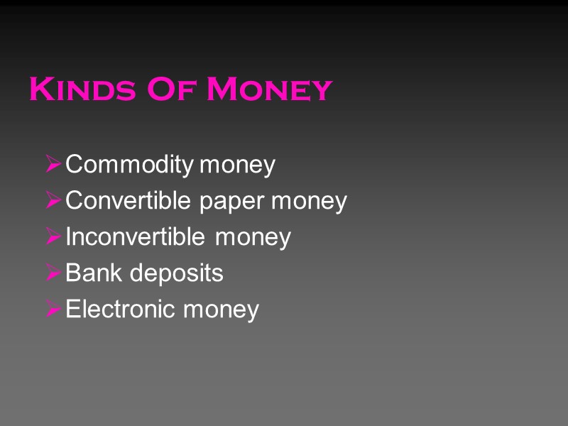 Kinds Of Money Commodity money Convertible paper money Inconvertible money Bank Kinds Of Money Commodity money Convertible paper money Inconvertible money Bank